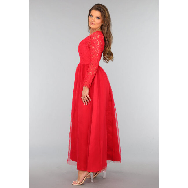 Rotes Tüllkleid mit Spitzenoberteil