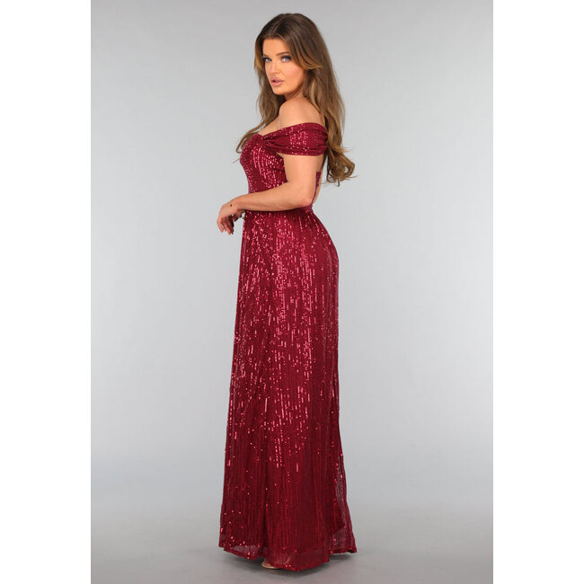 Bordeauxrotes Kleid mit Schulterbesatz