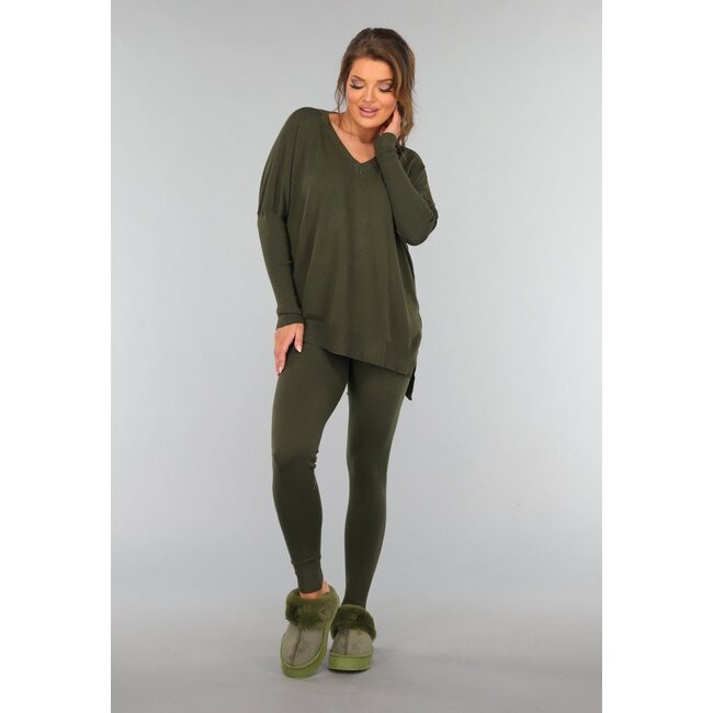 Khaki Lounge Set mit V-Ausschnitt-Pullover