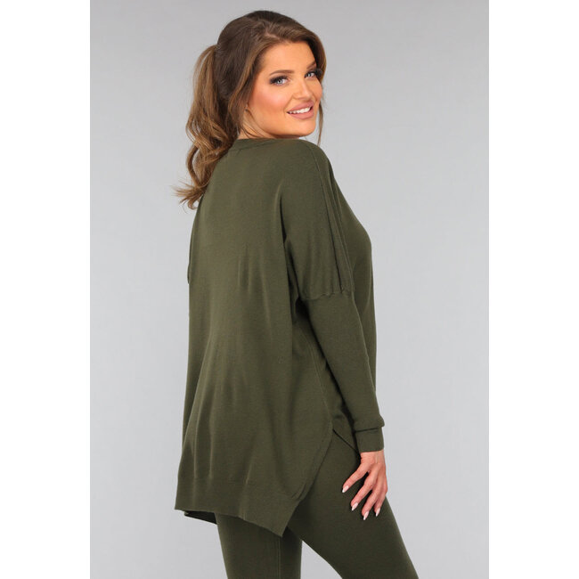 Khaki Lounge Set mit V-Ausschnitt-Pullover