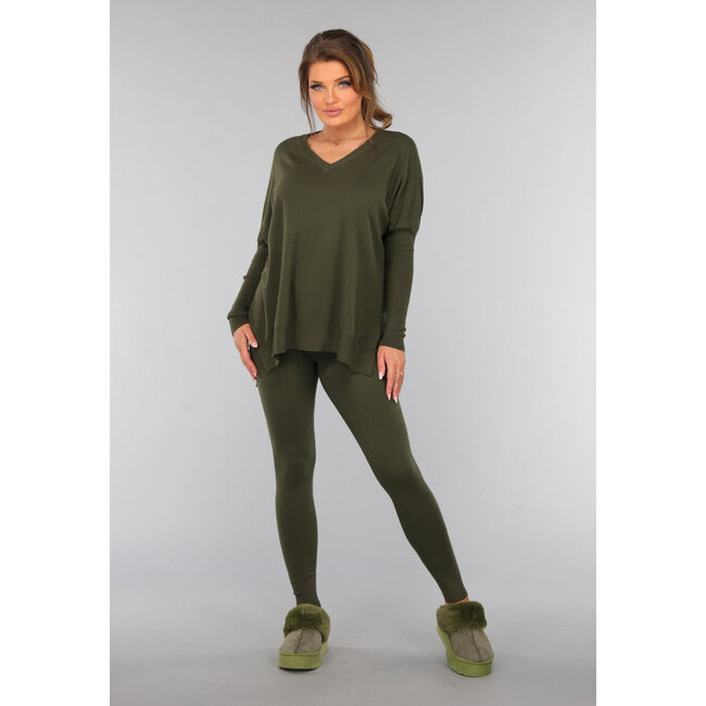 Khaki Lounge Set mit V-Ausschnitt-Pullover