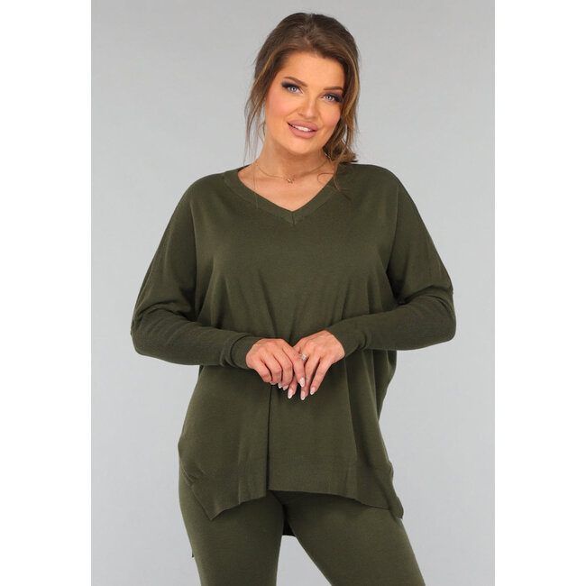 Khaki Lounge Set mit V-Ausschnitt-Pullover