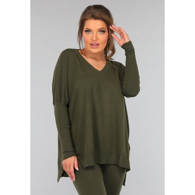 Khaki Lounge Set mit V-Ausschnitt-Pullover