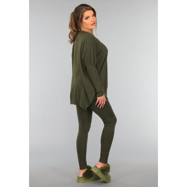 Khaki Lounge Set mit V-Ausschnitt-Pullover