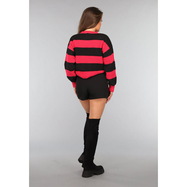Gestreifter Strickpullover in Koralle/Schwarz