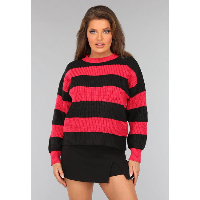 Gestreifter Strickpullover in Koralle/Schwarz