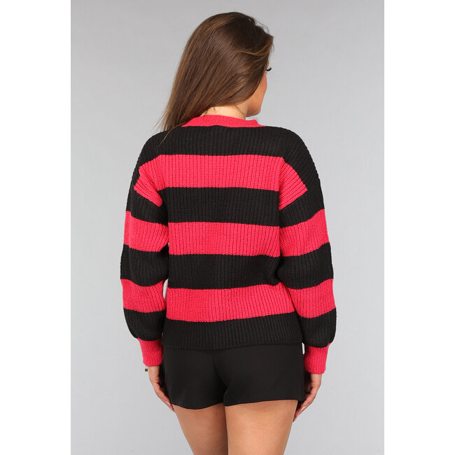 Gestreifter Strickpullover in Koralle/Schwarz