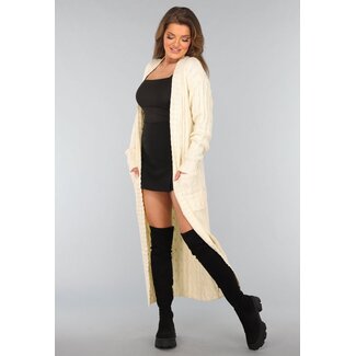 Lange beigefarbene Strickjacke mit Taschen