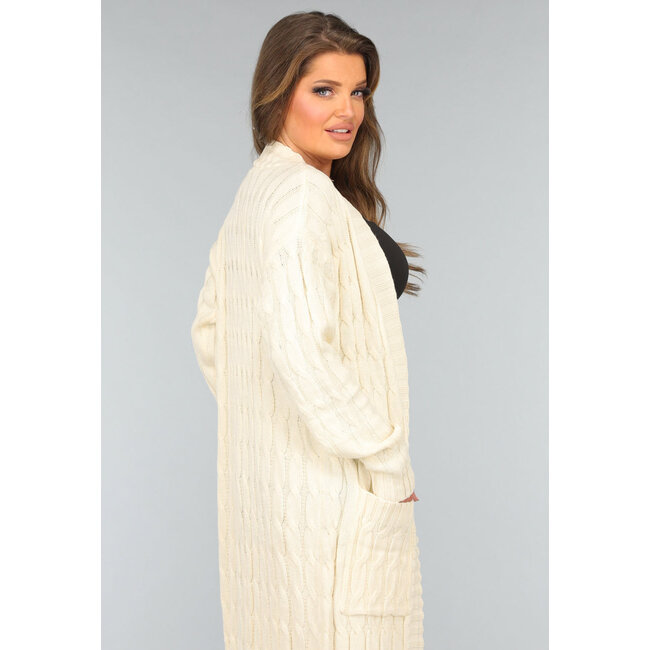 Lange beigefarbene Strickjacke mit Taschen