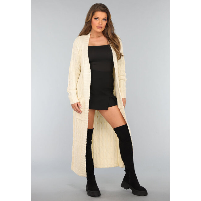 Lange beigefarbene Strickjacke mit Taschen