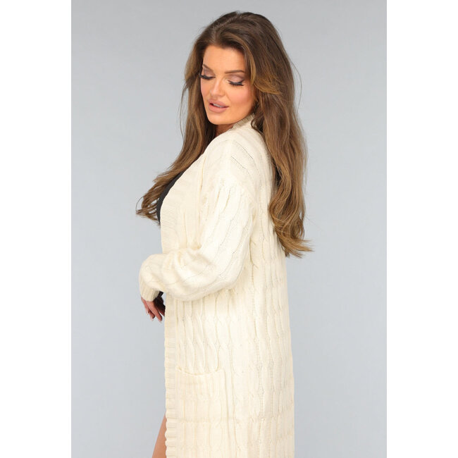 Lange beigefarbene Strickjacke mit Taschen