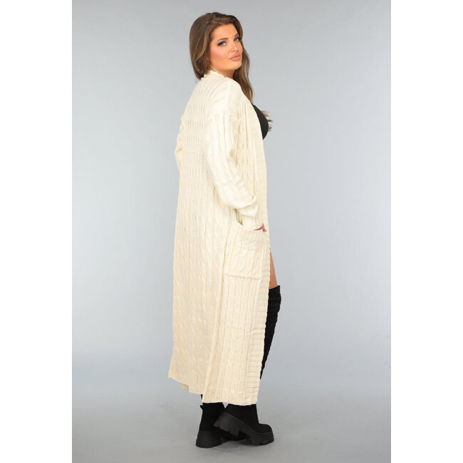 Lange beigefarbene Strickjacke mit Taschen
