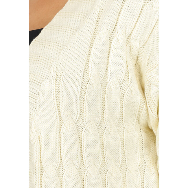 Lange beigefarbene Strickjacke mit Taschen