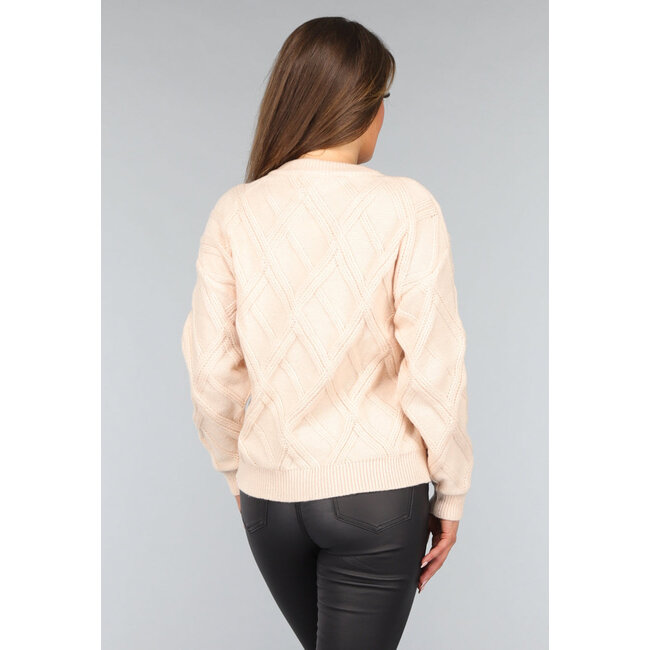 Beigefarbener Strickjersey mit Karomuster