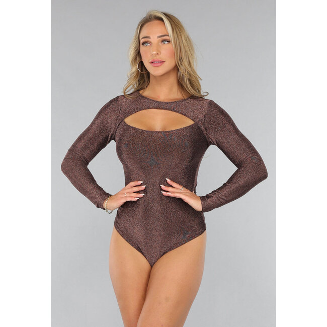 Langärmeliger roségoldener Bodysuit mit Ausschnitt