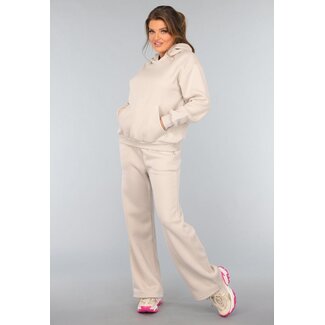 Beigefarbenes Kapuzensweatshirt-Set mit Schlaghosen
