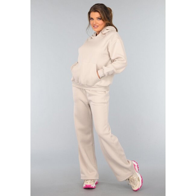 Beigefarbenes Kapuzensweatshirt-Set mit Schlaghosen