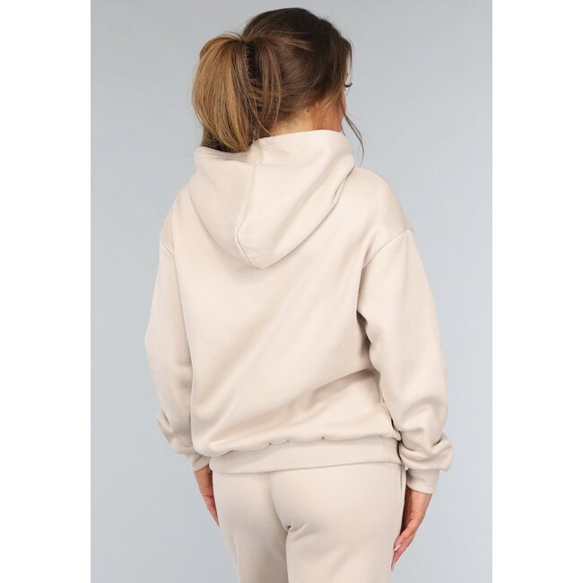 Beigefarbenes Kapuzensweatshirt-Set mit Schlaghosen