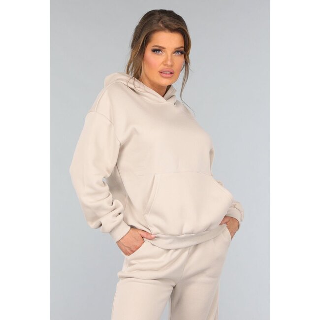Beigefarbenes Kapuzensweatshirt-Set mit Schlaghosen