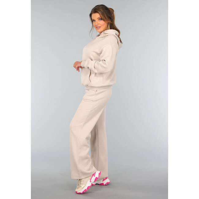 Beigefarbenes Kapuzensweatshirt-Set mit Schlaghosen