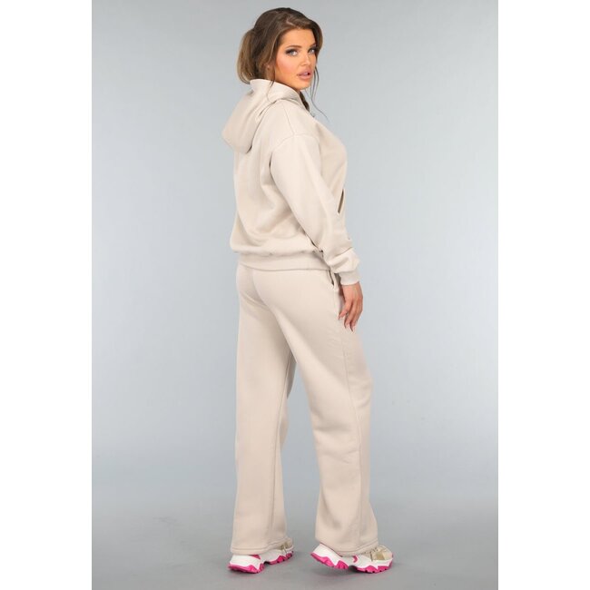Beigefarbenes Kapuzensweatshirt-Set mit Schlaghosen