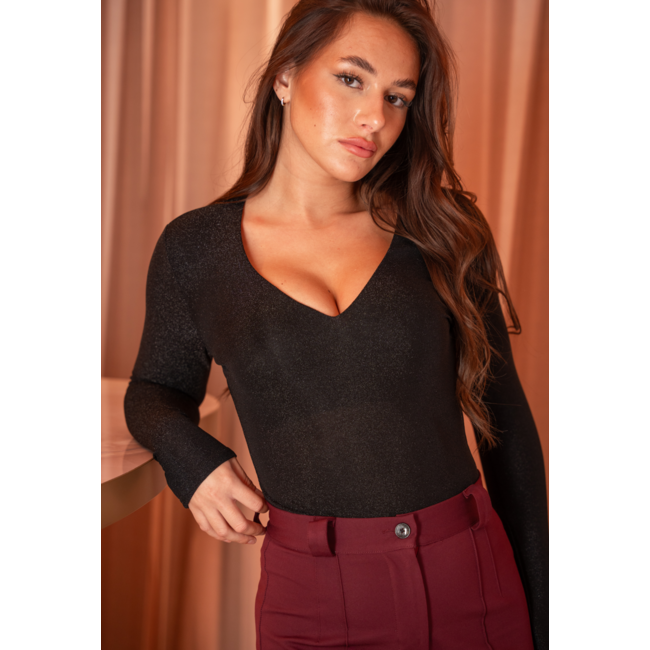Schwarzer Langarm-Glitzer-Body
