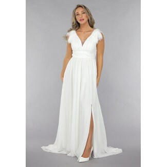 Langes weißes Chiffonkleid mit Federdetails