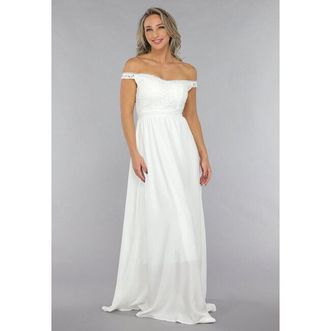 Weißes schulterfreies Hochzeitskleid mit Pads