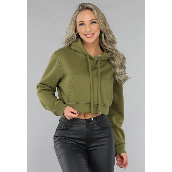 Gekürzter khakifarbener Kapuzenpullover