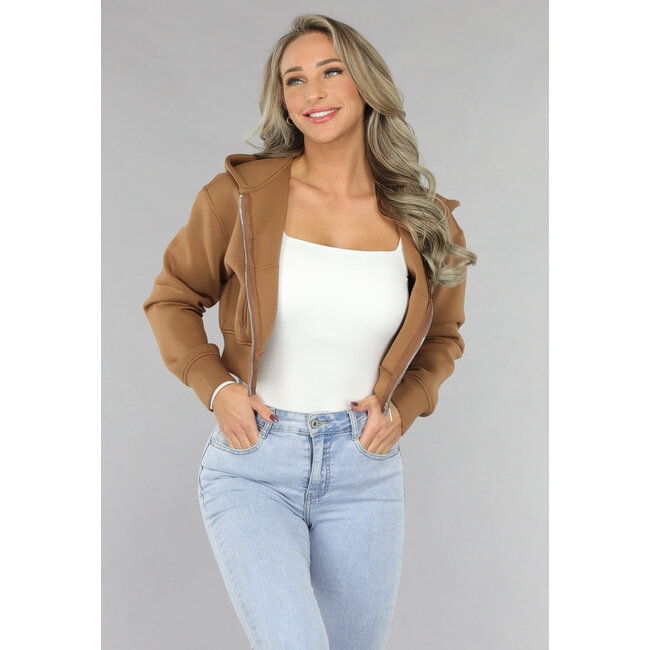 Kamelfarbener Cropped Cardigan mit Reißverschluss