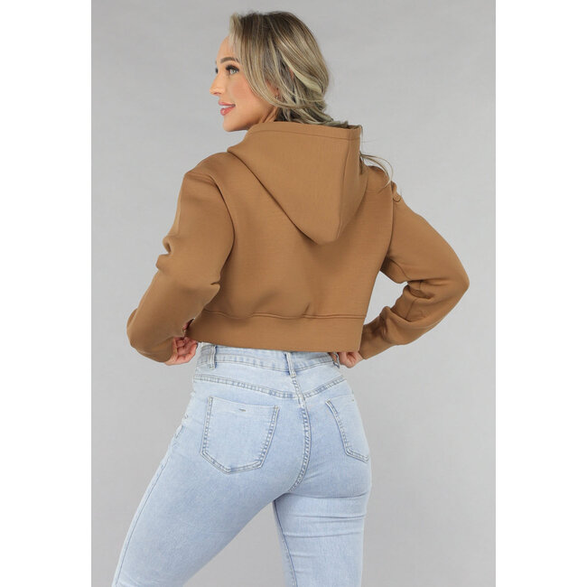 Kamelfarbener Cropped Cardigan mit Reißverschluss