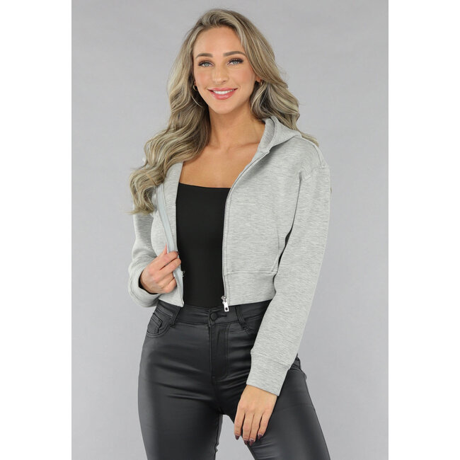 Kurze graue Strickjacke mit Kapuze
