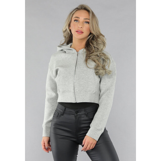 Kurze graue Strickjacke mit Kapuze