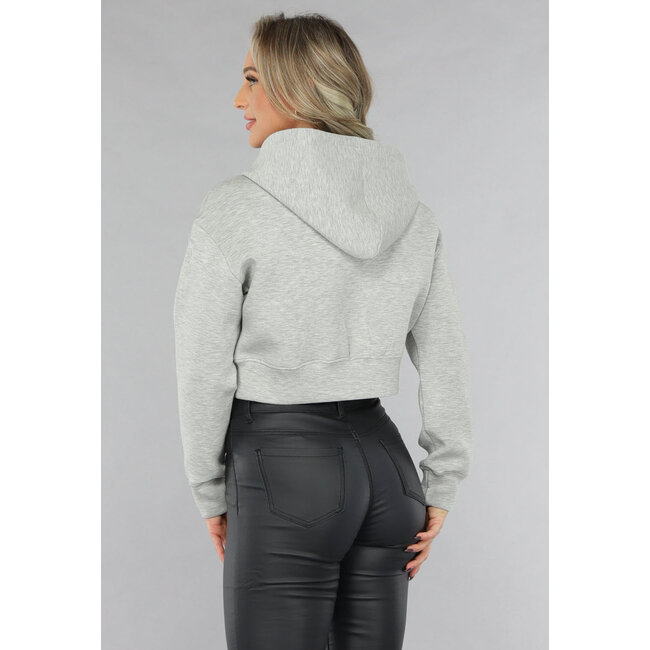 Kurze graue Strickjacke mit Kapuze