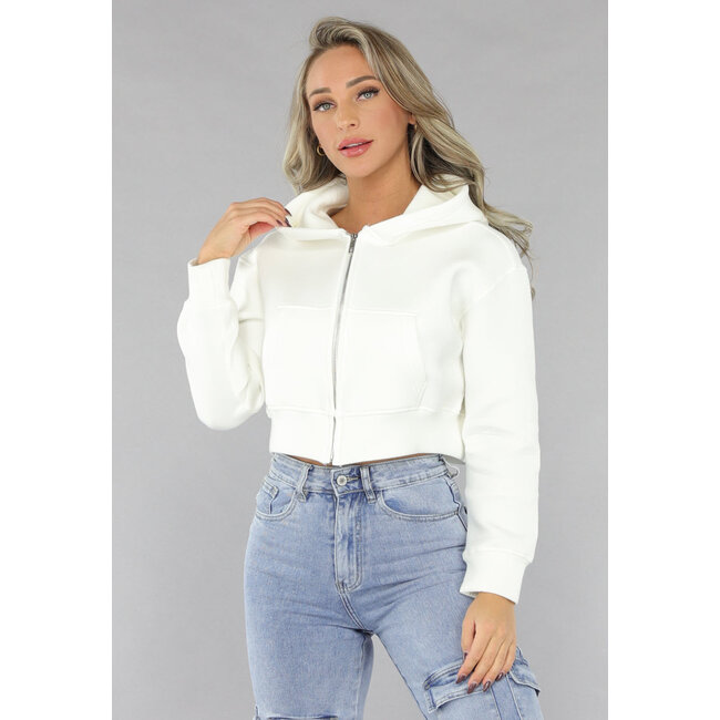 Weiße kurze Strickjacke mit Taschen