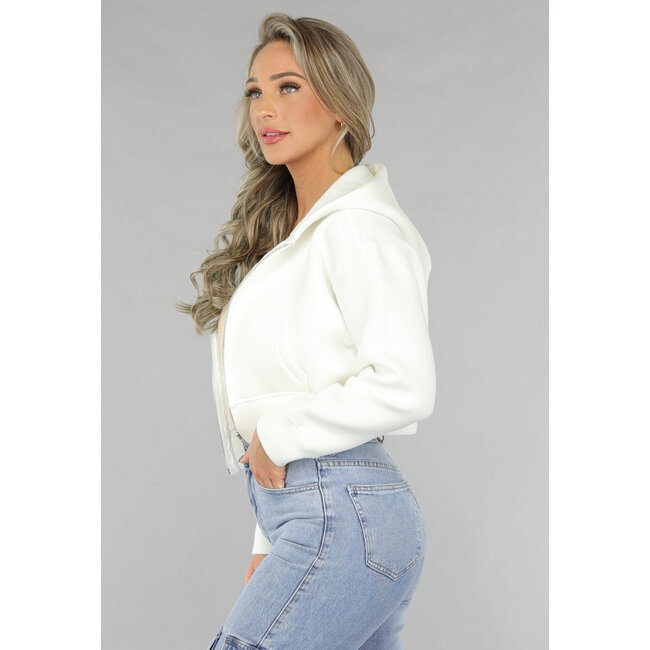 Weiße kurze Strickjacke mit Taschen