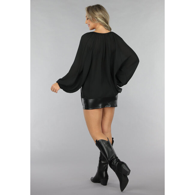 Schwarze Chiffonbluse mit Puffärmeln
