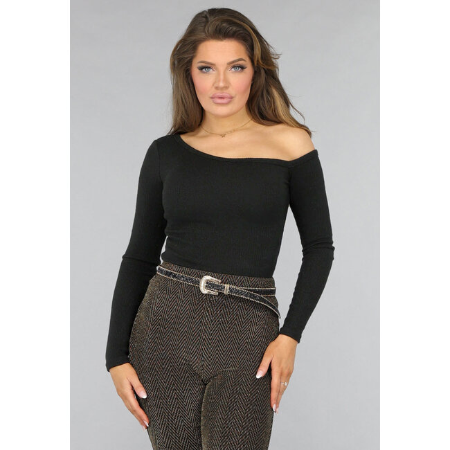 Schwarzes One-Shoulder-Top aus geripptem Stoff mit Schimmer