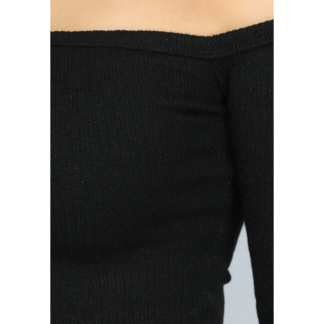 Schwarzes One-Shoulder-Top aus geripptem Stoff mit Schimmer
