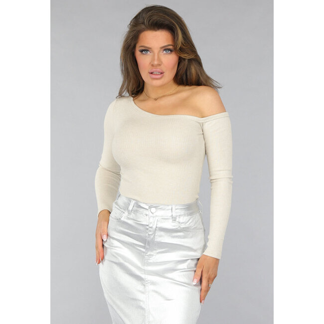 Glitzer-One-Shoulder-Top in Beige
