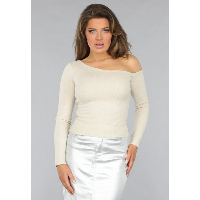 Glitzer-One-Shoulder-Top in Beige