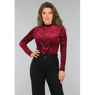 Bordeauxroter Bodysuit aus geblümtem Samt