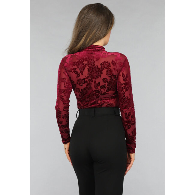 Bordeauxroter Bodysuit aus geblümtem Samt