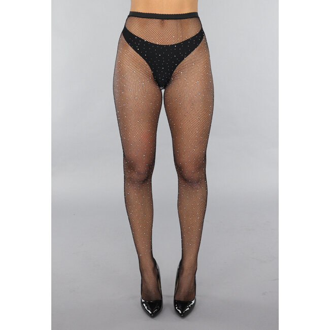 Schwarze Netzstrumpfhose mit Strasssteinen