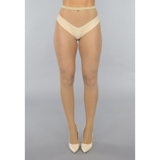 Beige Netzstrumpfhose mit Strasssteinen