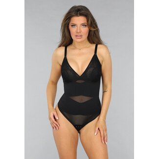 Schwarzer korrigierender Bodysuit mit Spitzen-Cups