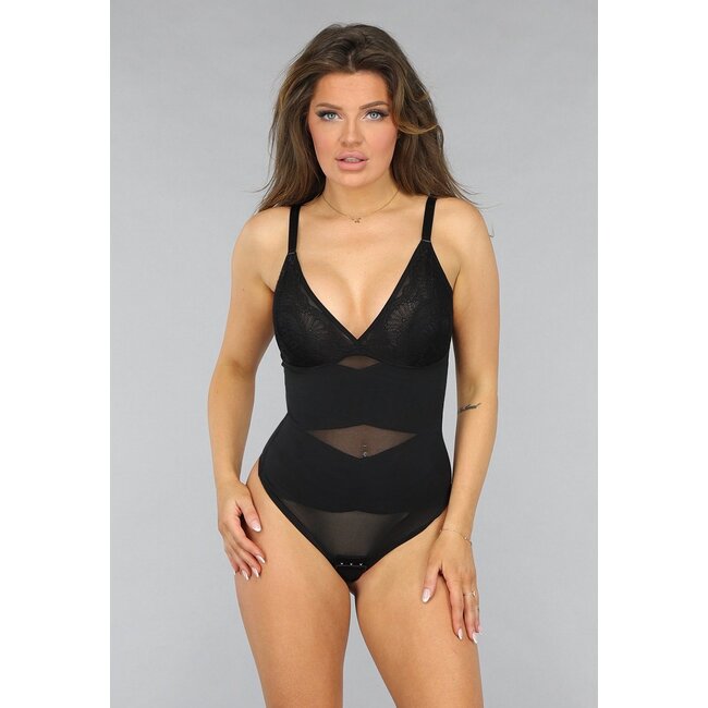 Schwarzer korrigierender Bodysuit mit Spitzen-Cups
