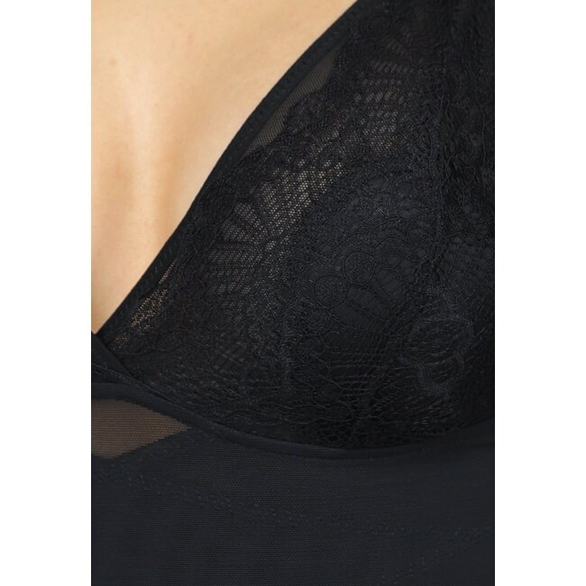 Schwarzer korrigierender Bodysuit mit Spitzen-Cups