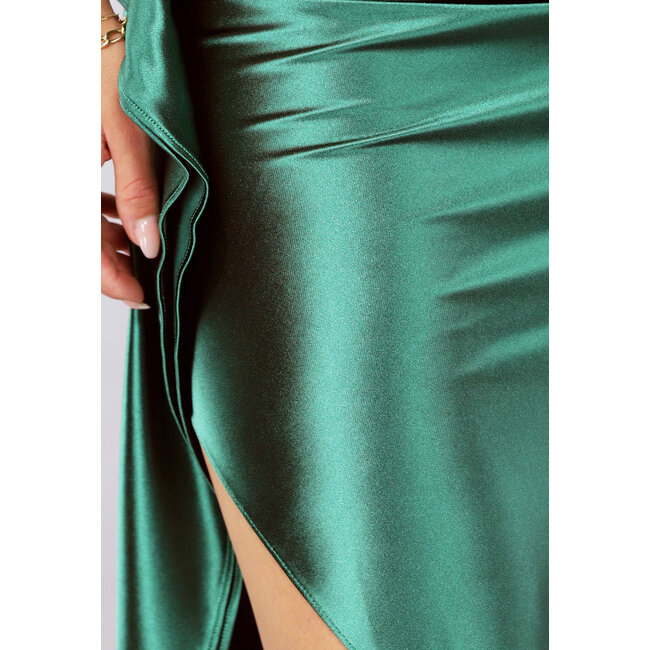 Grünes Satin Stretch Abendkleid mit einer Schulter