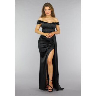 Schwarzes Satin schulterfreies Galakleid mit Schlitz